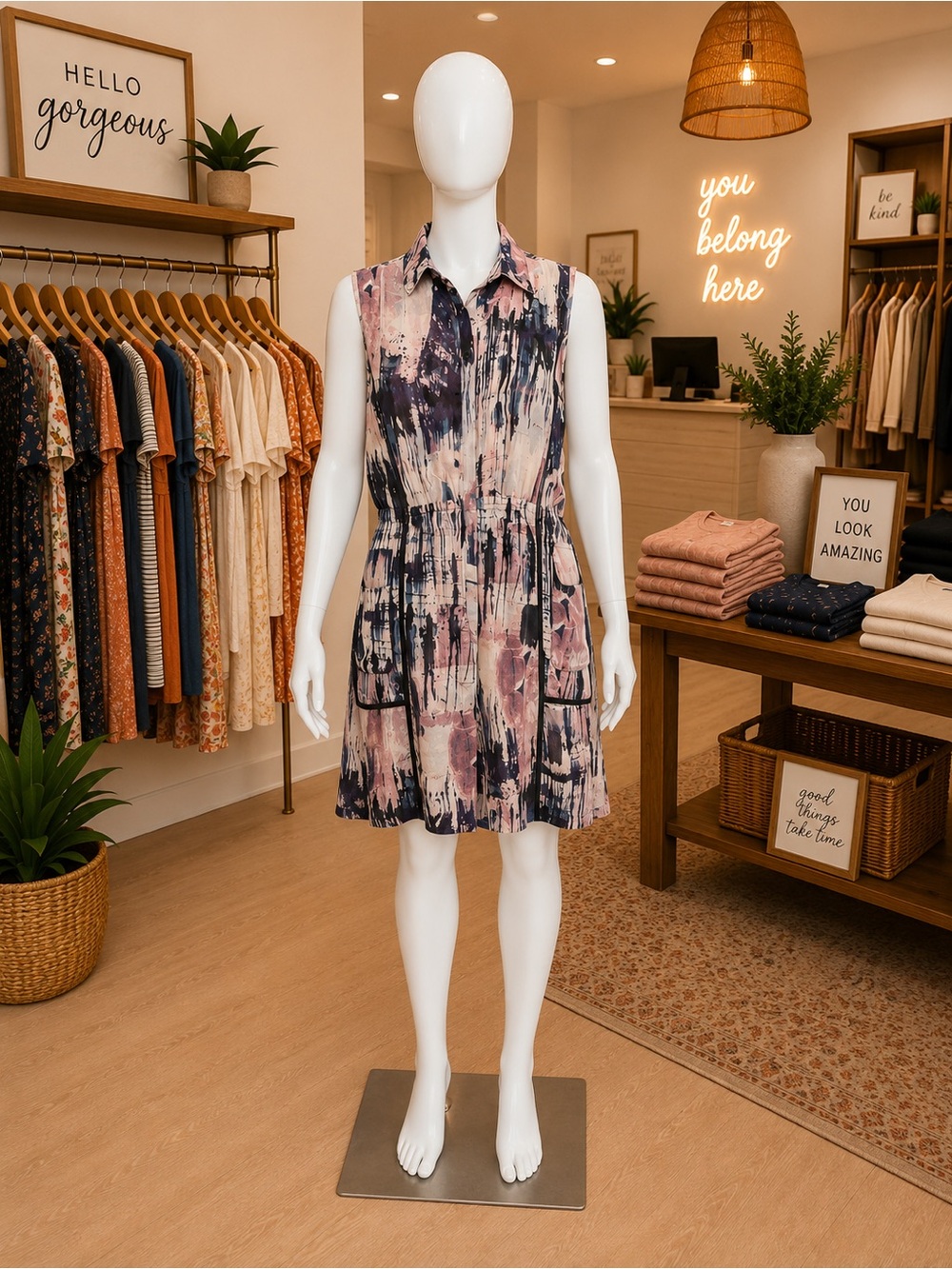 Simply Vera Vera Wang Pink and Navy Abstract Collared Midi Dress